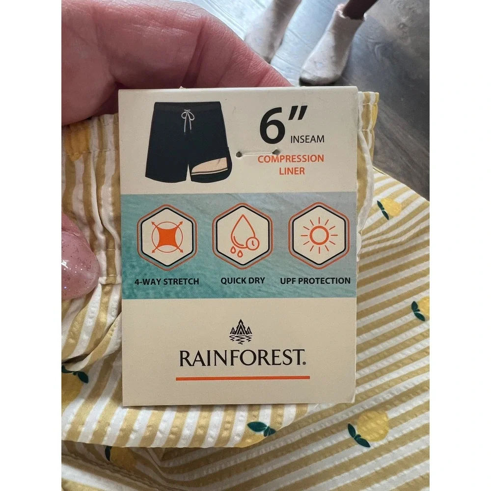 Rainforest Mens Seersucker Lemon Swim Trunks 6in Inseam Compression Liner L